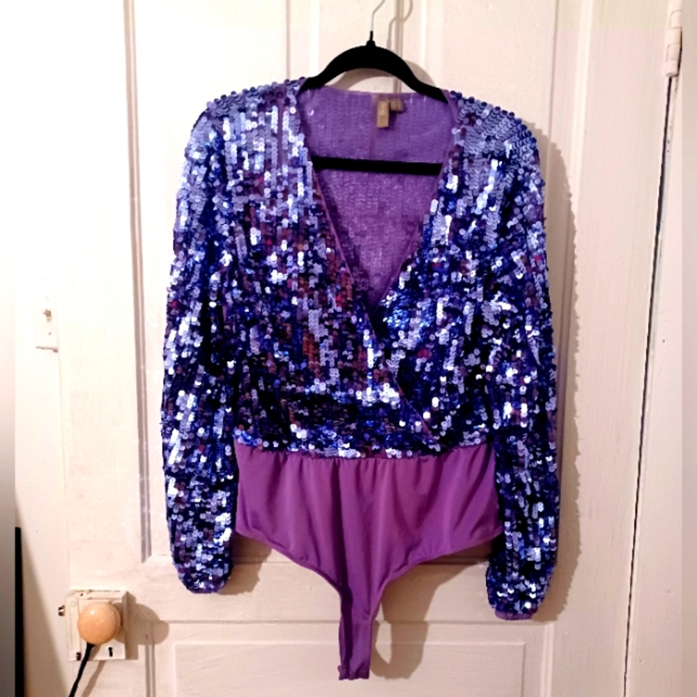 ASOS Lavender Silver Sequin Bodysuit top Blouse Long-sleeve Sz 12
